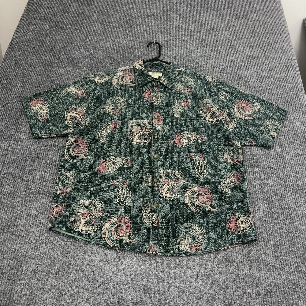 Vintage Portofino Shirt Mens XL Green Silk Cotton Paisley Button Down Casual